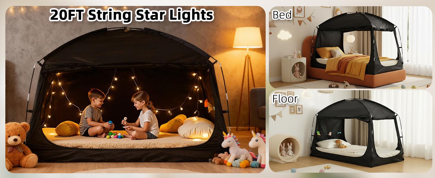 Twin Bed Tent for Adult and Kids, Blackout Bed Tents Reduction 99% Sleeping Tents for Indoor, Tent with Star Light & Bag Breathable Private with 3 Doors