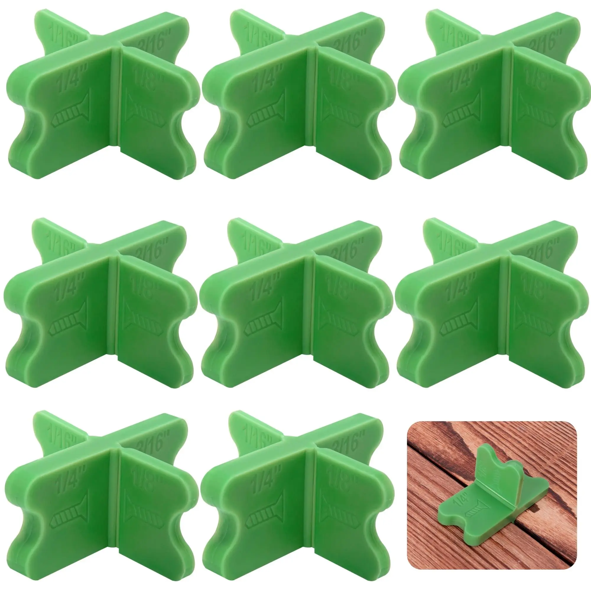 8 Pcs ABS Deck Spacer Tool,4 Thicknesses Deck Board Spacers(1/16", 1/8", 3/16", 1/4"),Green Deck Spacers Assorted for Pressure Treated Composite Decking