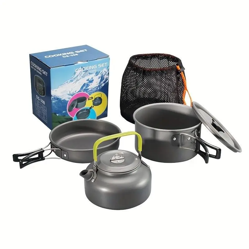 Aluminum Non-Stick Camping Cookware Set, Portable Outdoor Dining Kit, Includes Water Boiler, Pots, Frying Pan, Bowls, Ideal for Hiking, BBQ, Picnic