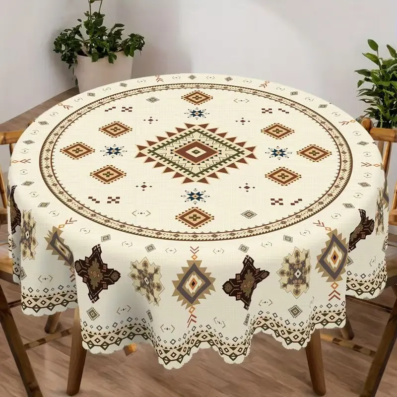 2D Flat Party Tablecloth, Ethnic Geometric Style, Bohemian Tribal Design, Perfect for Home Decor, Dining Tables, Parties, Indoor Use, Polyester Material