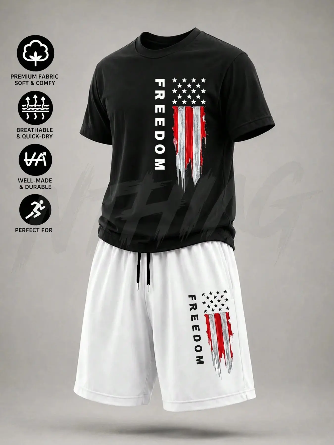 Classic Base with Colorblock Flag Print, Soft Quick-Dry Fabric, Loose Fit Top and Shorts, Comfortable and Breathable