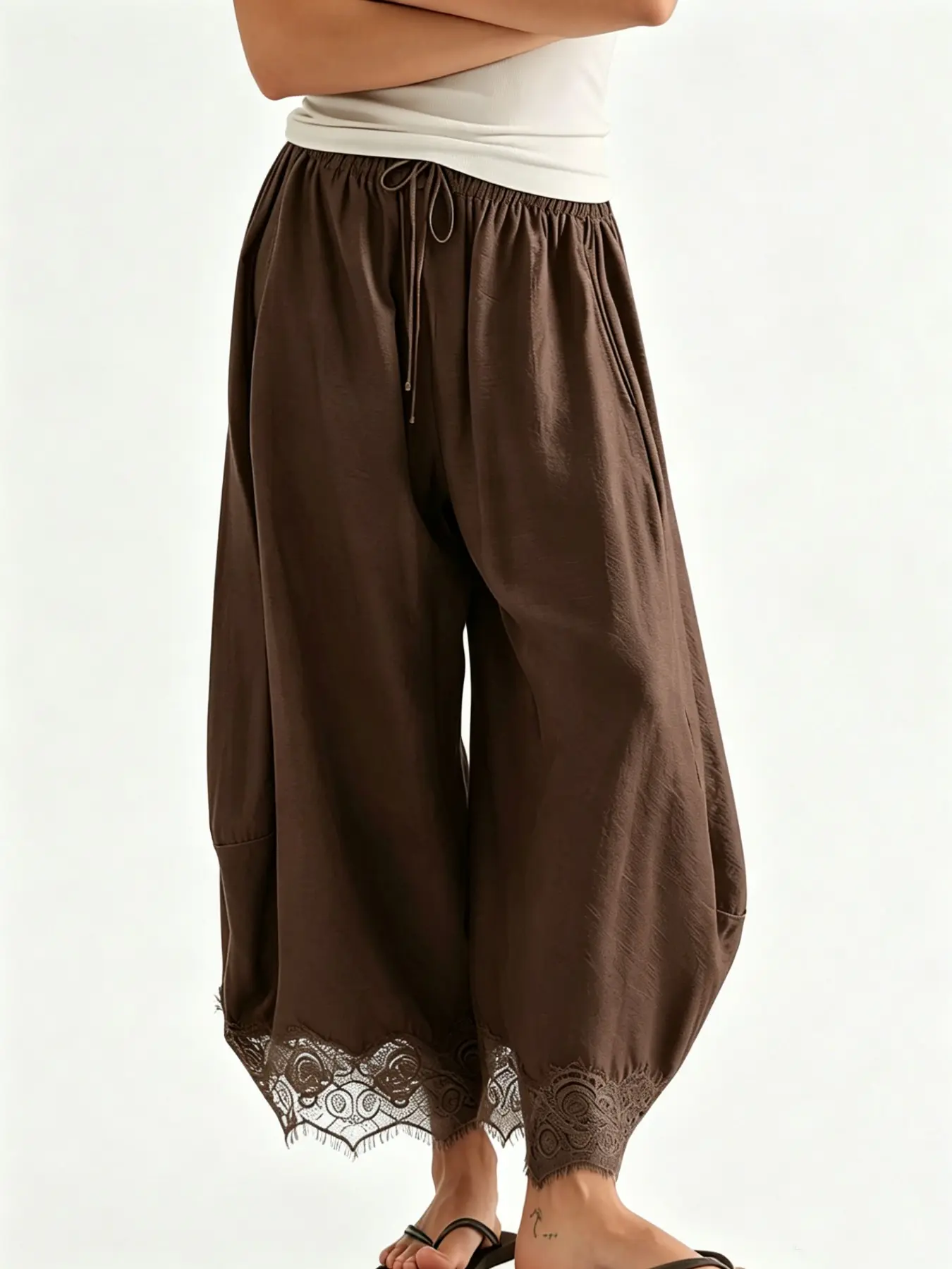 Women's Loose-Fit Lightweight Lace-Trimmed Wide-Leg Long Pants, Millennial Retro Sweet Style Elastic-Waist Adjustable Drawstring Trousers, Everyday Casual Streetwear