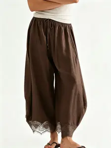 Women's Loose-Fit Lightweight Lace-Trimmed Wide-Leg Long Pants, Millennial Retro Sweet Style Elastic-Waist Adjustable Drawstring Trousers, Everyday Casual Streetwear