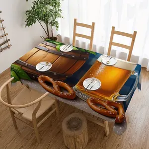 A Munich Oktoberfest Tablecloth Featuring Bavarian Still Life Design, Incorporating Food Elements and Adorned with Lace Details. It's Camping, Weddings, Birthday Celebrations