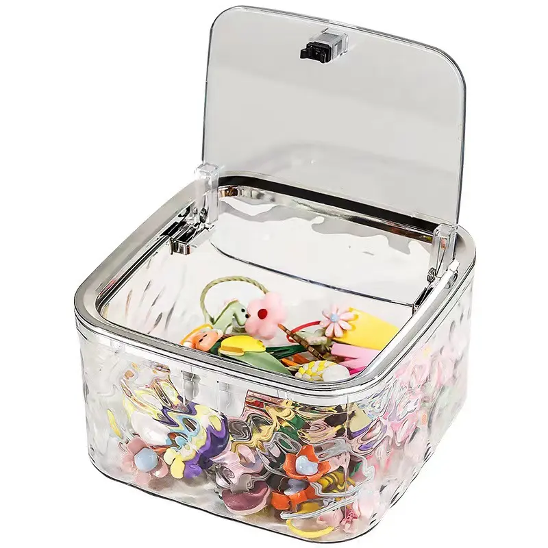 Transparent Water Ripple Plastic Storage Box With Press Flip Lid, Hair Accessory Organizer For Girls Hair Clips, Scrunchies And Elastic Bands, Sealed Desktop Container With Large Capacity, Thickened Shatter Resistant Material For Vanity And Bathroom Use
