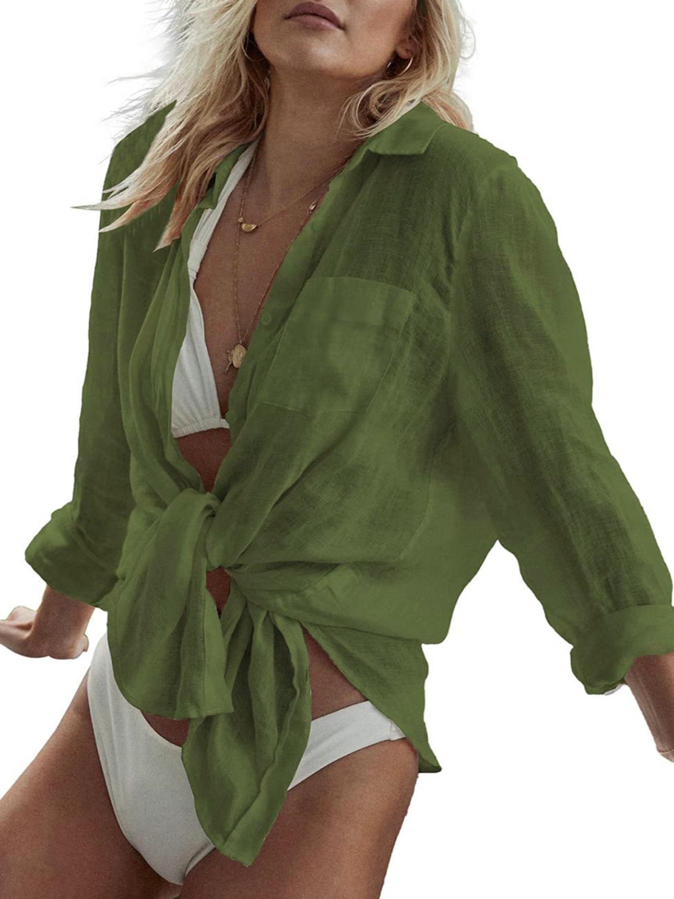 Women's Solid Long Sleeve Collared Shirt, Loose Casual Thin Top for Spring & Fall, Minimalist Women's Top for Beach Holiday Vacation Daily Wear, Womenswear, Blouse, Longsleevetop, Button Up Top, Casual Elegance Style