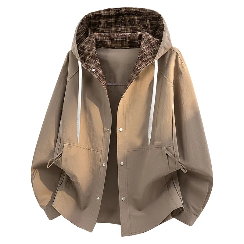 Men’s Spring Autumn Hooded Cargo Jacket, Khaki Oversized Loose Casual Outerwear with Retro Plaid Lining, Versatile Unisex Couple Coat for Daily Commute & Outdoor Street Outfits