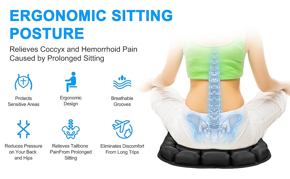 Travel Seat Cushion, Comfortable 3D Inflatable Seat Cushion for Hemorrhoid and Tailbone Pain Relief, Optimal Support for Long Sitting in Car, Air Travel, O