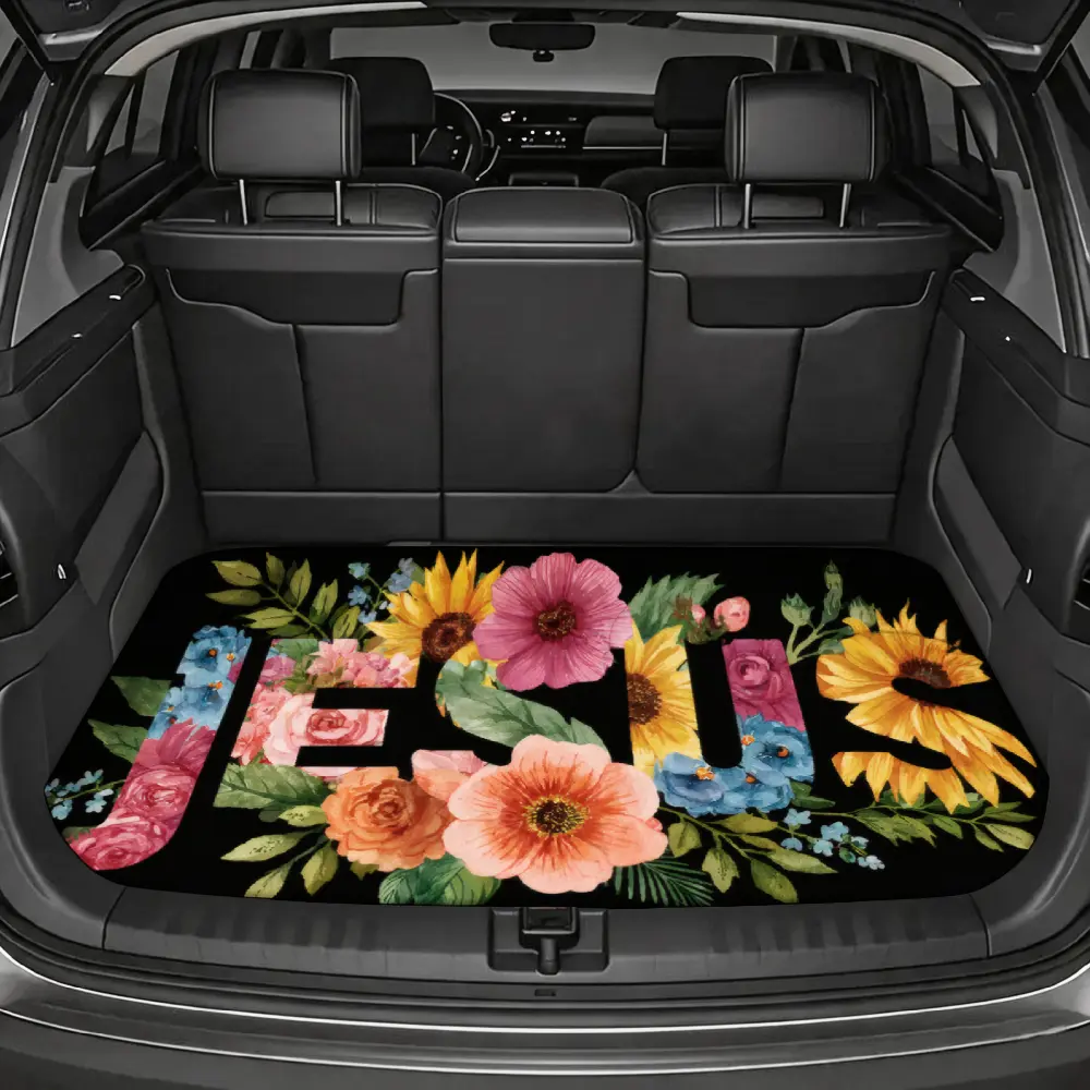 Christian Women's Non-Slip Durable Fabric Car Trunk Mat - Jesus Floral Pattern Design, Universal Fit 1-Piece for Church Goers