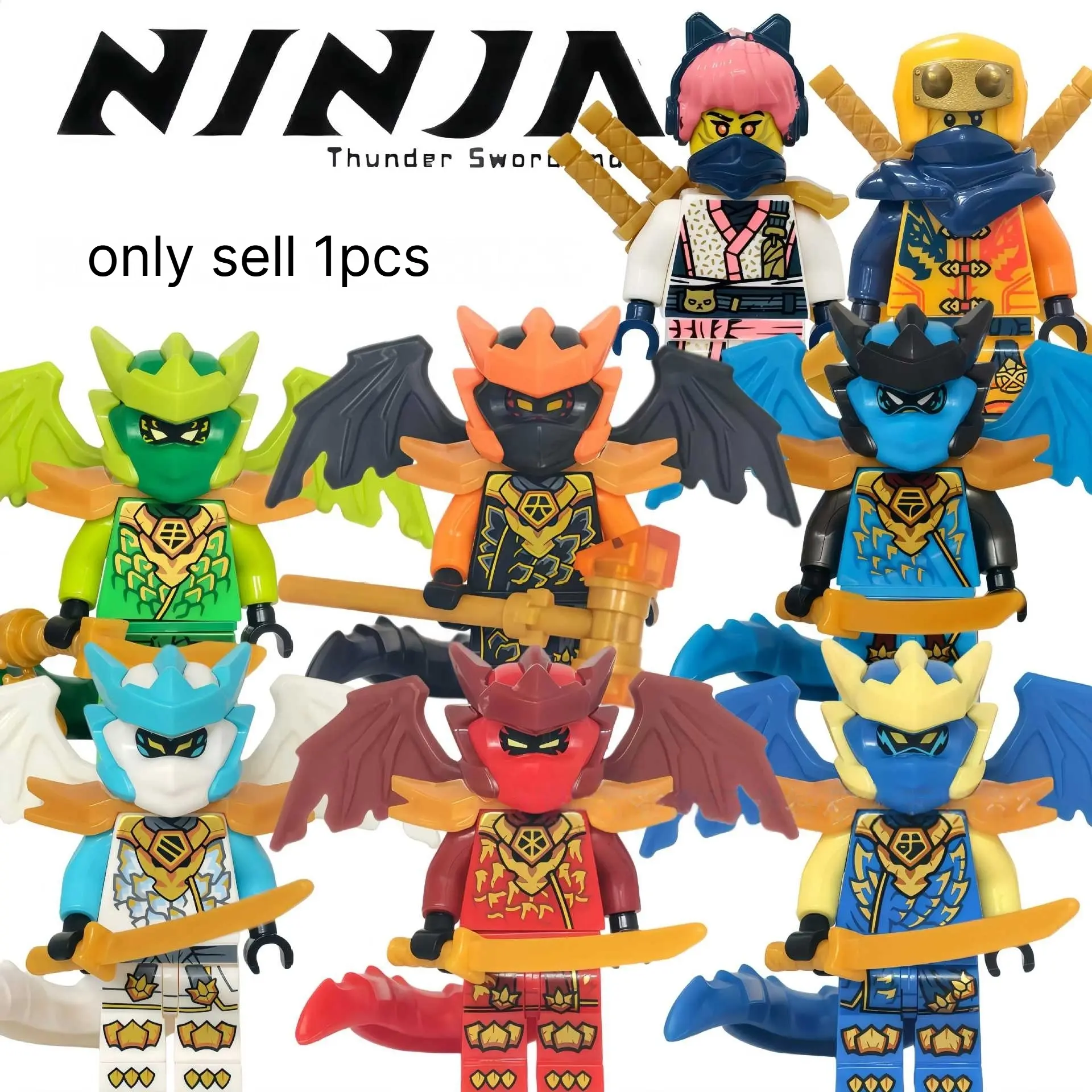 Dragon pattern ninja-style mini figurine, double-sided printed building block minifigure. Supports DIY assembly for collection and display, compatible with standard building block scenes.