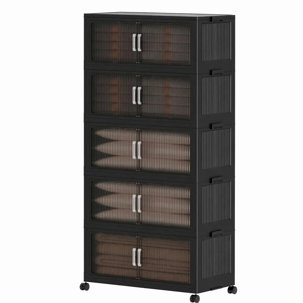 Wheeled Collapsible 5-Tier Stackable Storage Bins with Lids, Plastic Closet Storage Organizer for Dorm, Office & Living Room