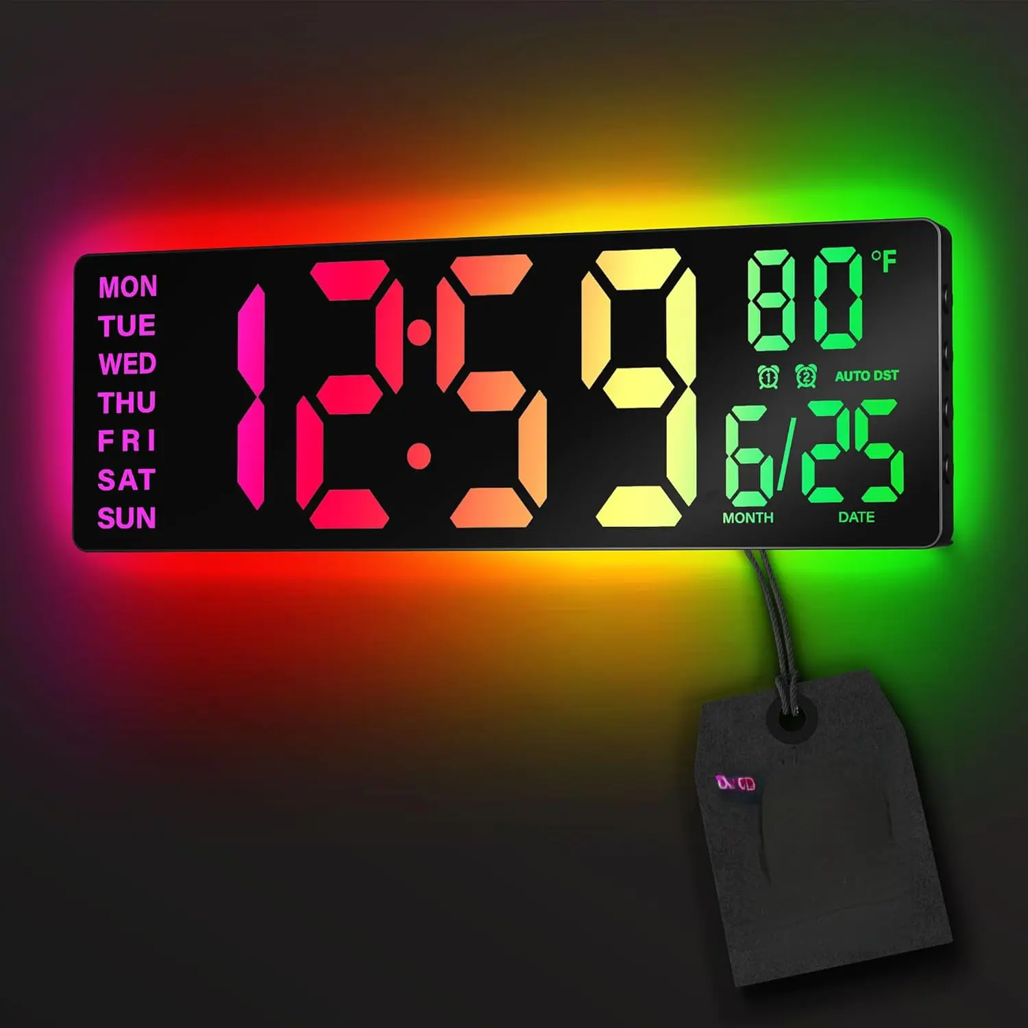 16.5" Large Digital Wall Clock with BT Sync, RGB Lights with 11 Scenes Mode Remote Control, Dual Alarms with Big LED Display, Auto DST, Temperature for Classroom Gaming