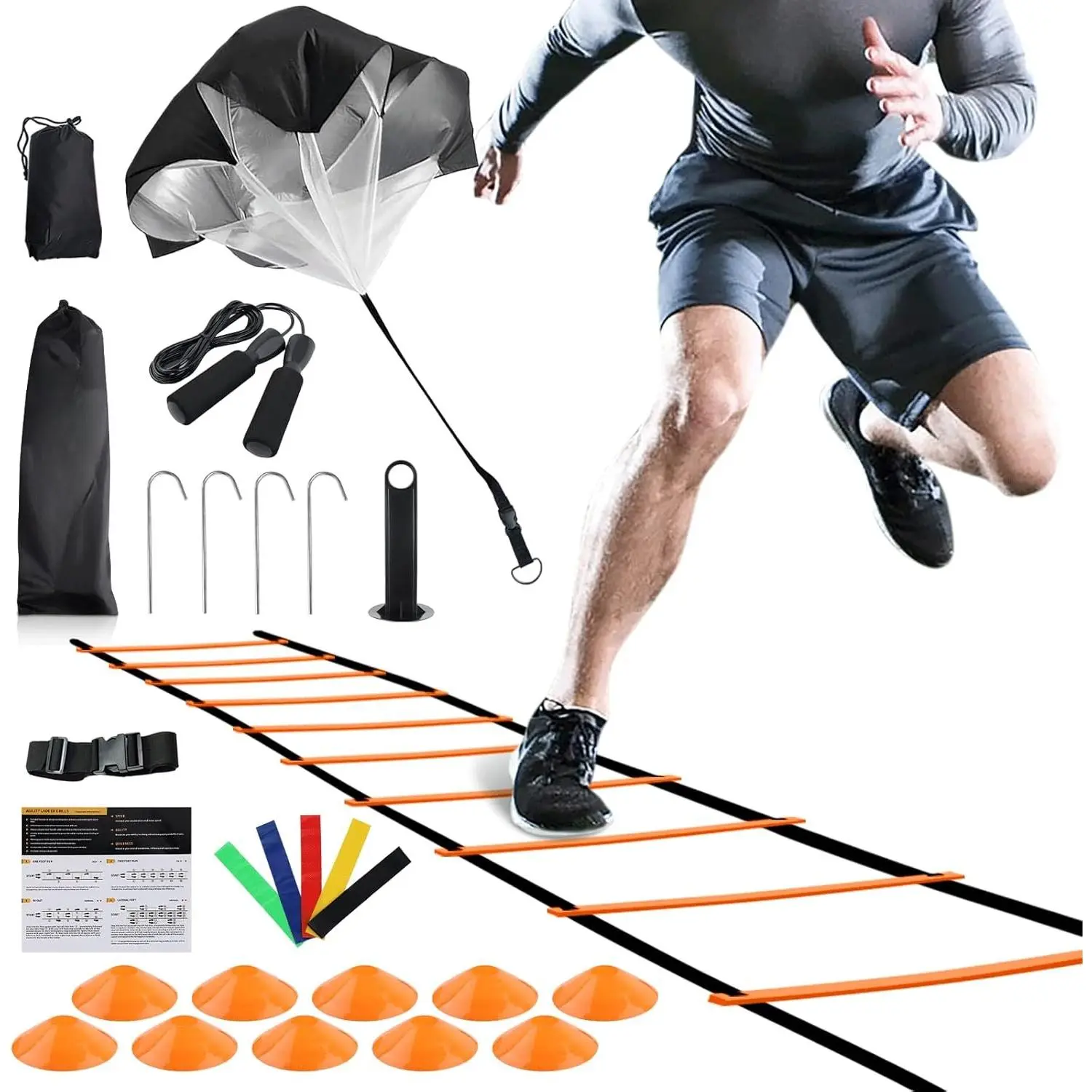 Agility Ladder 20  12 Adjustable Rungs Speed  Equipment Set, Agility Ladder, Football Cones, Running Parachute, Jump Rope, Resistance Bands