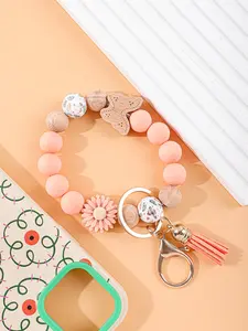 Mother's Day Gift Women's Silicone Beaded Bracelet Keychain with Wooden Butterfly Pendant, Cute Style, Soft Keychain, Suitable for Teachers, All Seasons