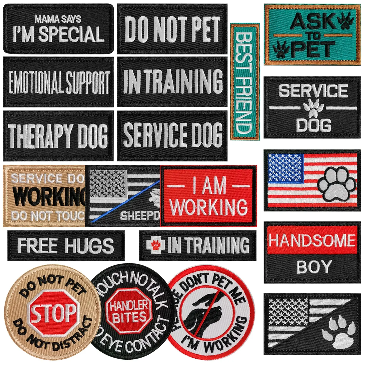 20 Pieces Service Dog Patches Pack, Tactical Morale Patch for Dog Vest Harness Collar Loop and Hook Patches Full Embroidered Applique