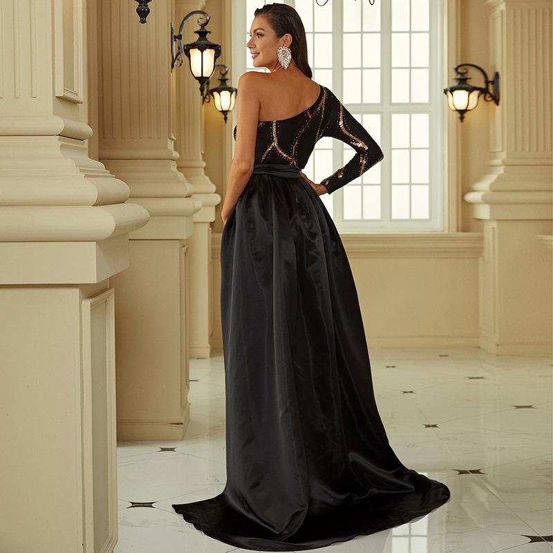 Elegant Banquet One-Shoulder Long Sleeve Cape Train Bridesmaid Dress Evening Gown for Women in Black Classic & Chic Formal Wear