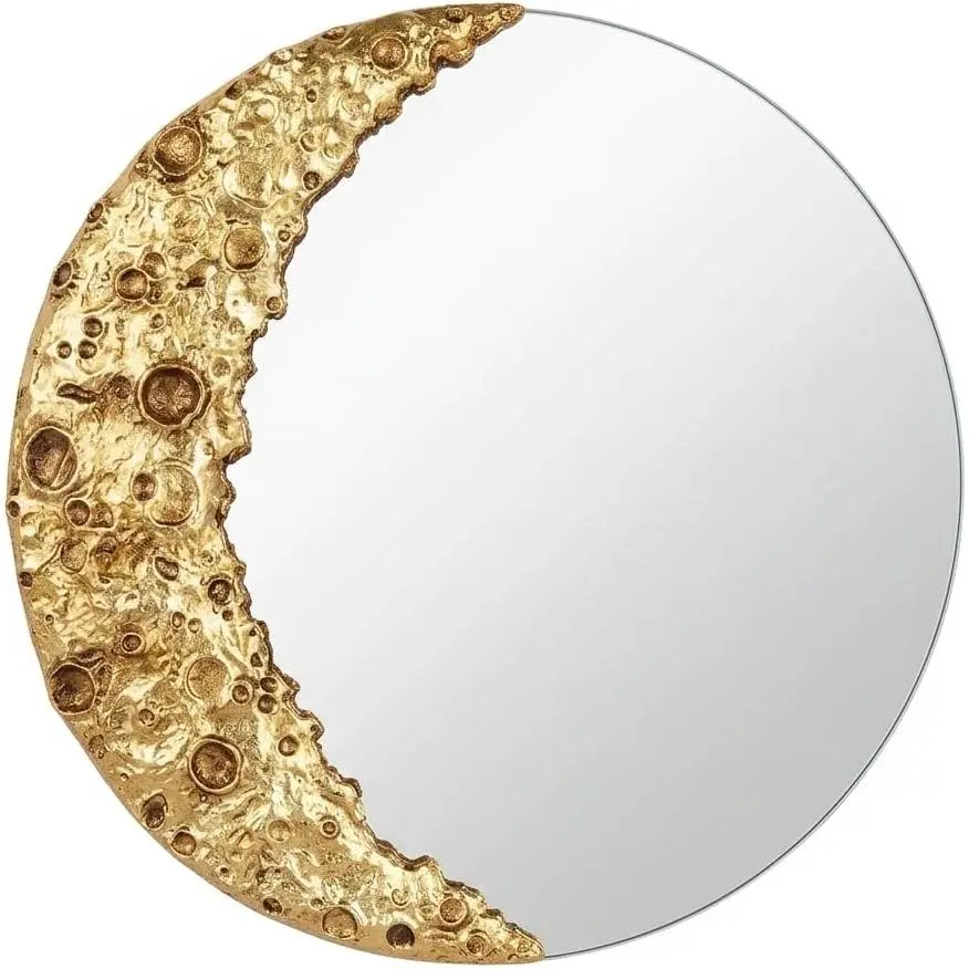 9 Inch Moon Phase Wall Mirror Gold Nordic Lunar Surface Decor Mirror Unframed Acrylic Round Mirror for Living Room Bedroom Bathroom Wall Art Decor (Gold)