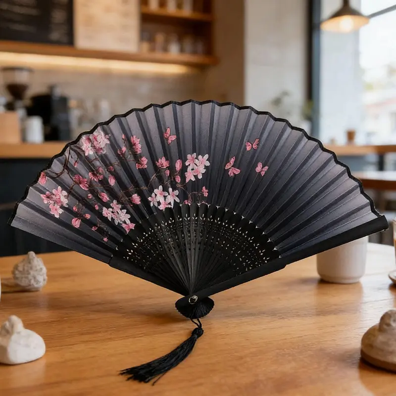 Vintage Bamboo Folding Fan, Chinese Fan, Decorative Plum Blossom Design, Gradient to, Tassel Details, Traditional Hanfu Dance Accessory, Portable Fan, Gift Idea