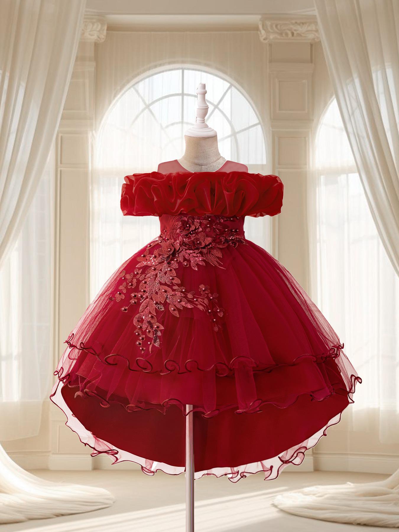 Girls' Floral Embroidered Layered Tulle Formal Dress, Embroidery Dress, Elegant Party and Performance Dress for All Seasons