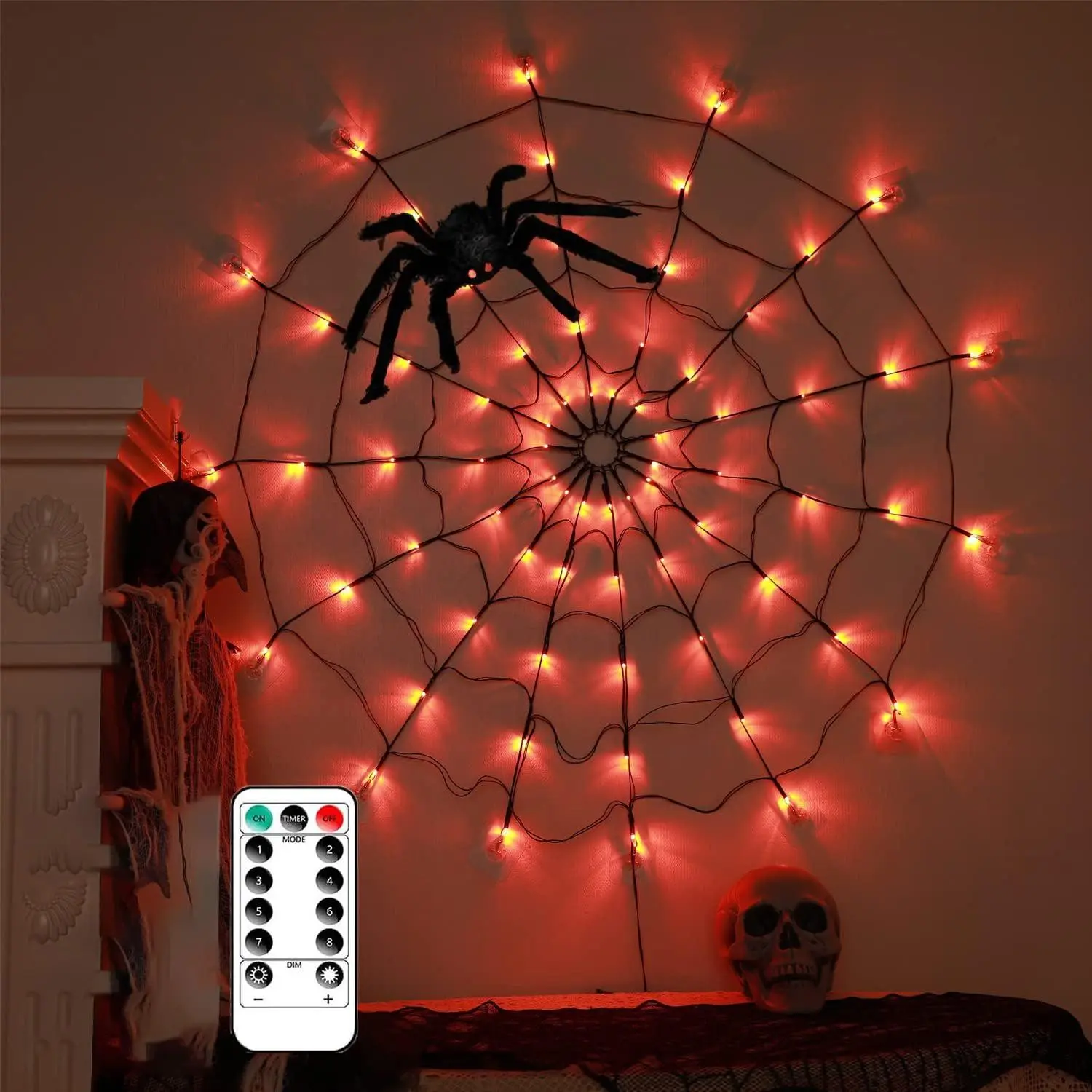 LED Halloween String Lights Spider Web Decor, Indoor and Outdoor Party Lighting, USB Powered, Remote Control Included