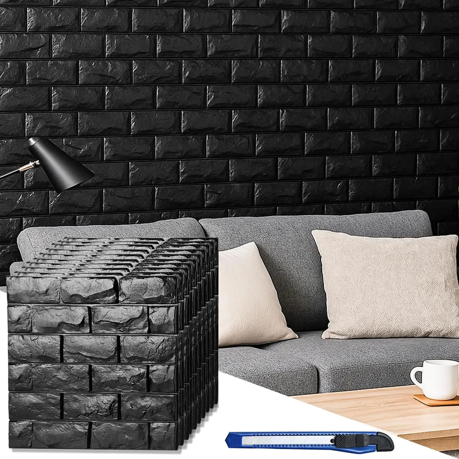 30 Pcs 3D Wall Panels Stick and Peel, Black Brick Printable 3D Wallpaper Self Adhesive Waterproof Foam Faux Brick Paneling for Bedroom, Bathroom, Kitchen, Fireplace