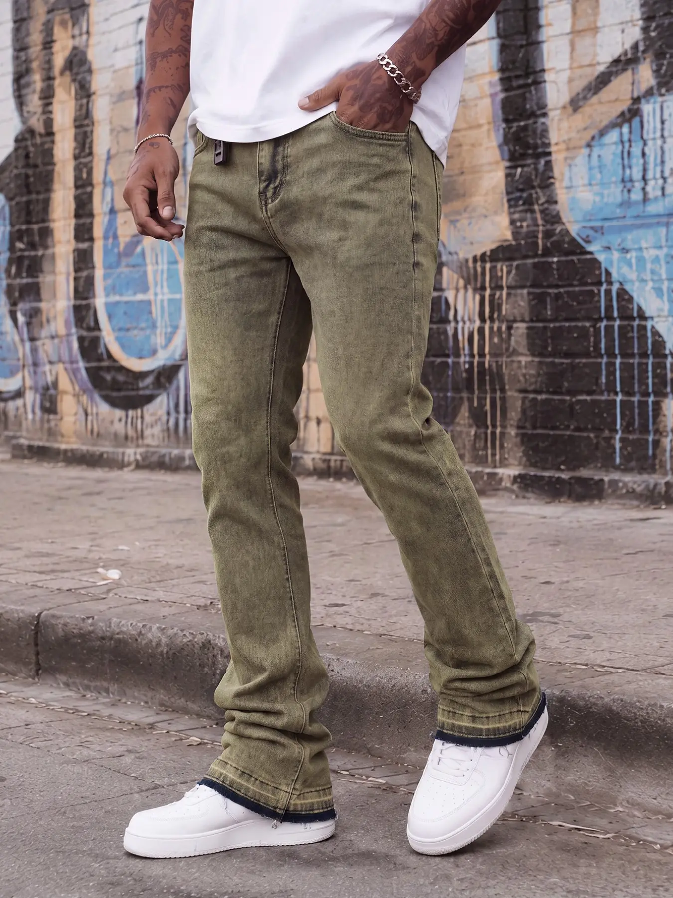 Men Rust Yellow Stretch Flare Jeans Slim Fit Y2K Streetwear Denim Pants