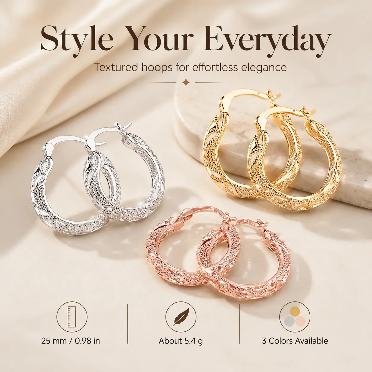 Women's Textured Patterned Metal Hoop Earrings - Gold, Silver, Rose Gold, Lightweight Feminine Statement Accessory - Ideal Summer Gift for Daily Wear & Special Occasions, 25 Mm, 5.4 G, Copper, Elegant, Fashion, Female, Party, Rose Gold Aesthetic, Chunky H