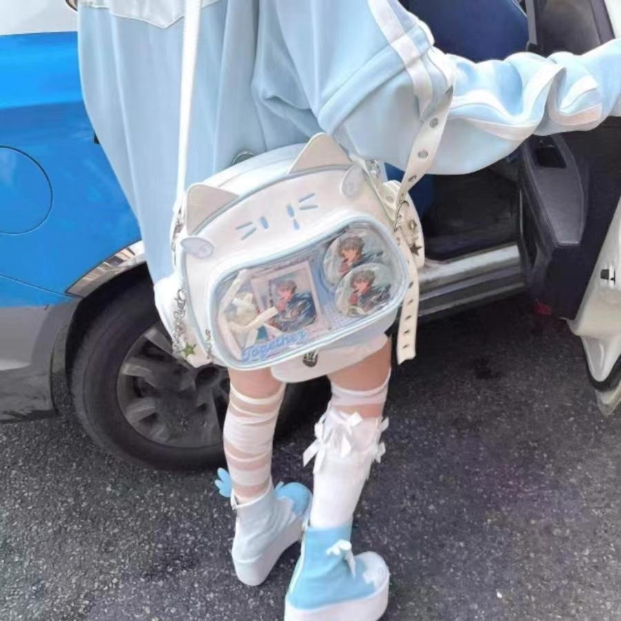 Y2K Korean Cute Cat Ita Bag Japan Kawaii PU Crossbody Bag Girls Transparent Pocket Harajuku Shoulder Bag Silver Fashion Backpack