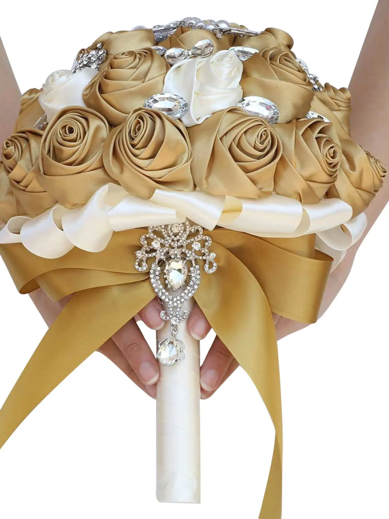 Handmade Ribbon Rose Bouquet, Bride Bridesmaid Wedding Flower Arrangement, Rhinestone Alloy Decor, Valentine's Day Proposal Gift