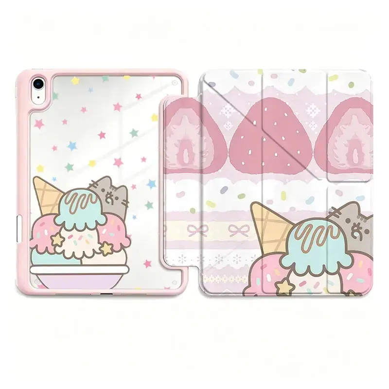 Kawaii Pusheen The Cat Ice‑Cream Strawberry Dessert Print Tablet Case,For iPad Mini/Pro/Air,Gift for Her,Tri‑Fold Stand Shock‑Resistant Folio Tablet Protective Shell