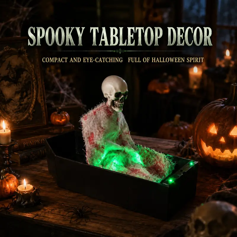 Halloween Coffin Skeleton Decoration, Voice-Activated Animatronic Prop with Glowing Lights & Realistic Spooky Sounds, Movable Skeleton for Yard, Graveyard, Haunted House, Outdoor Halloween Decor