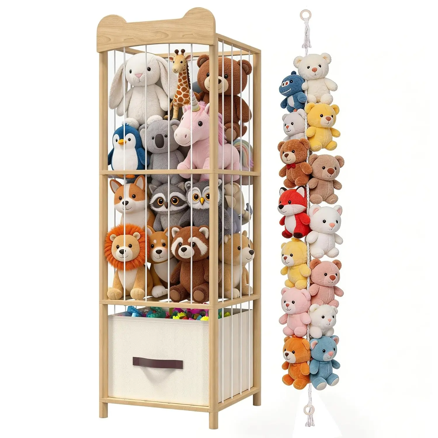 Stuffed Animal Storage & Organizer, Wooden Cute Zoo Toy Holder for Toddler Rooms, Playrooms & Bedrooms - Small