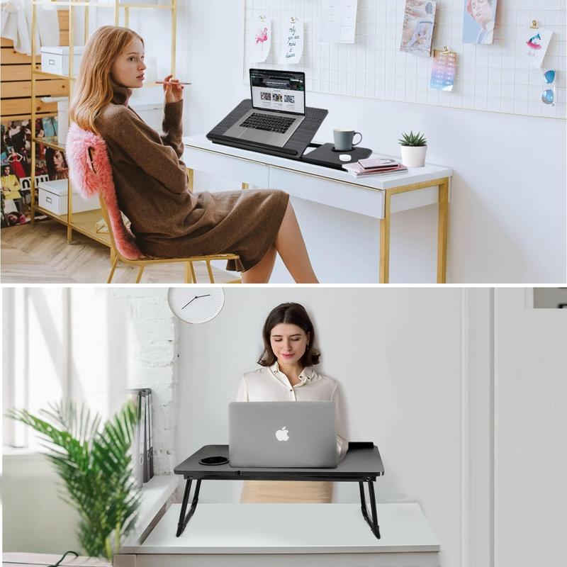 Adjustable Laptop Desk for Bed or Couch, Foldable Lap Desk with Cup Holder, Portable Writing & Work Table, Small Black Bed Tray Table