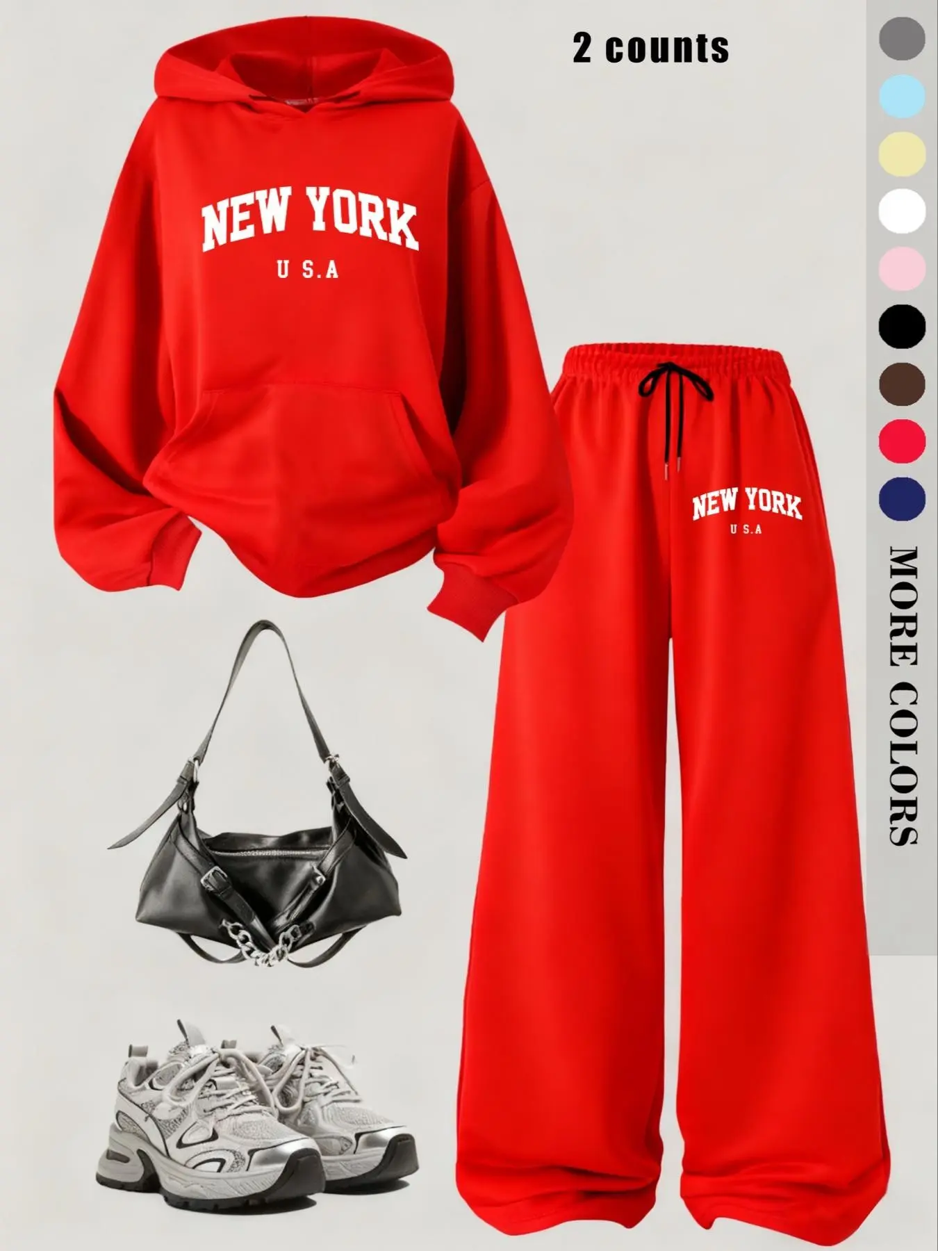 Autumn Winter New Hooded Fleece Letter New York Usa Print Casual Loose Long Sleeve Sports Set, Drawstring Straight Leg Pants with Pockets, Hoodie Sweatpants Set