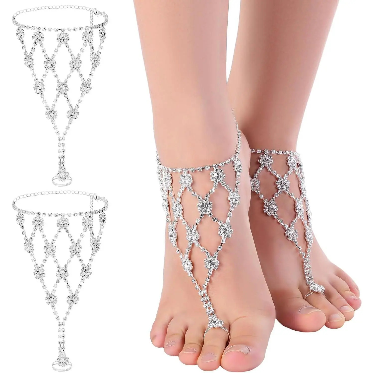 1Pair  Flower Barefoot Sandals Boho Beach Wedding Shoes for Women  Barefoot Womens Sandals Rhinestone  Ring Anklet for Bridal Bridesmaids Beach Wedding Foot