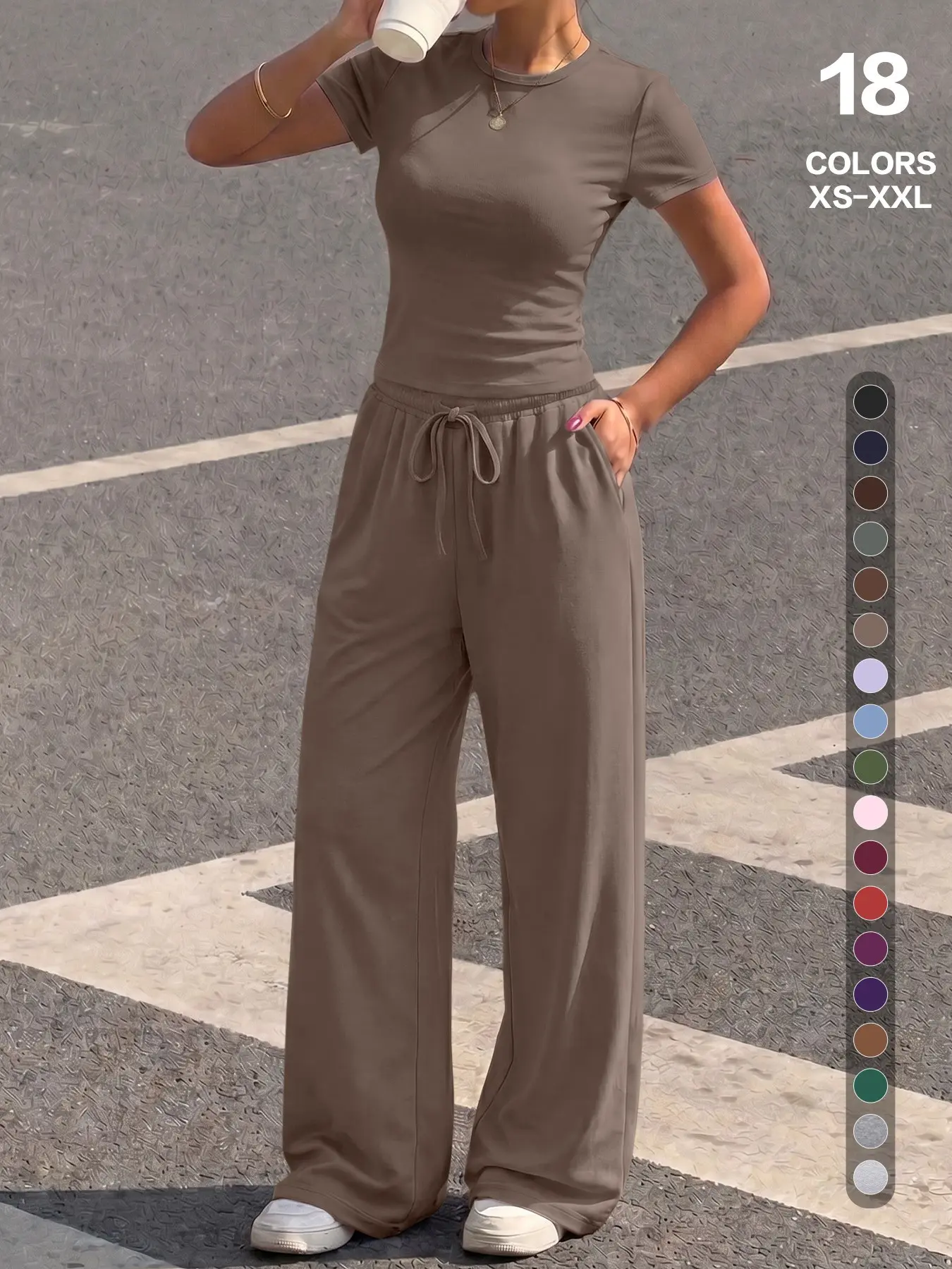 Women's 2-Piece/6-Piece Set Round Neck Short Sleeve Top and Wide Leg Pants, Casual Yoga Style, Minimalist, Wearable at Home；Pleated slim-fit top with drawstring wide-leg pants casual set Clothes