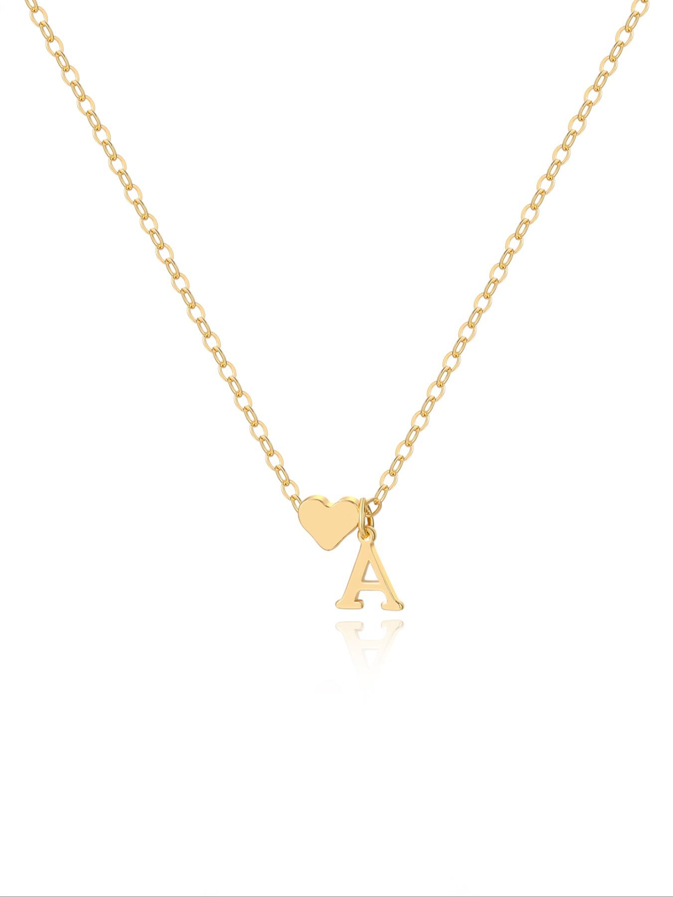 Classic Heart-Shaped Letter Name Engraved Pendant Necklace, Personalized Initial A-Z Fashion Love Necklace for Her