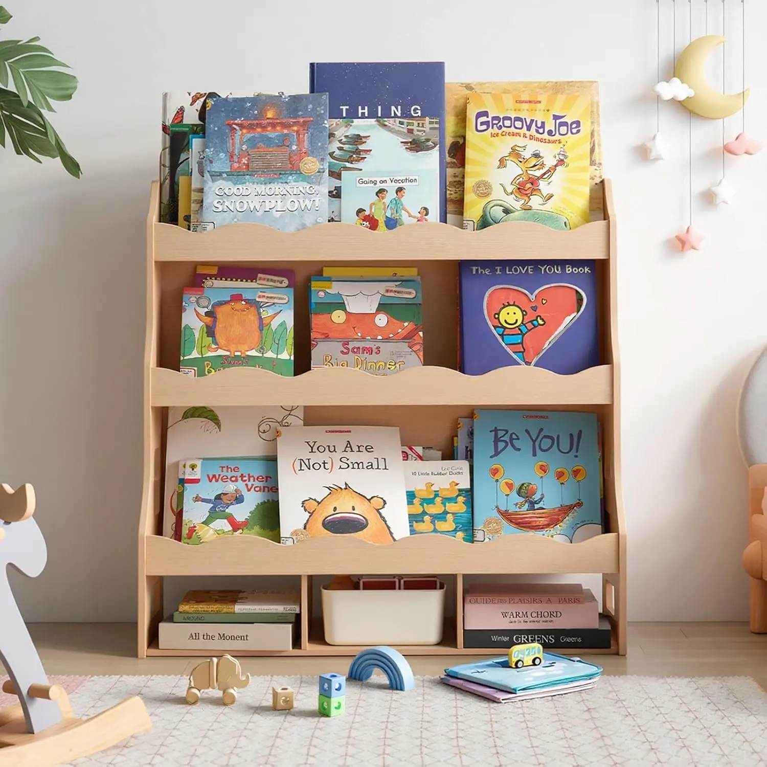 4-Tier Wooden Kids Book Shelf with Toy Organizer Storage, Montessori Nursery Bookcase for Boys & Girls Bedrooms Playroom