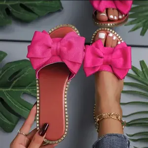 New cross-border flat-bottomed rhinestone bow slip-on sandals for women, solid color, lightweight fabric sandals for outdoor wear