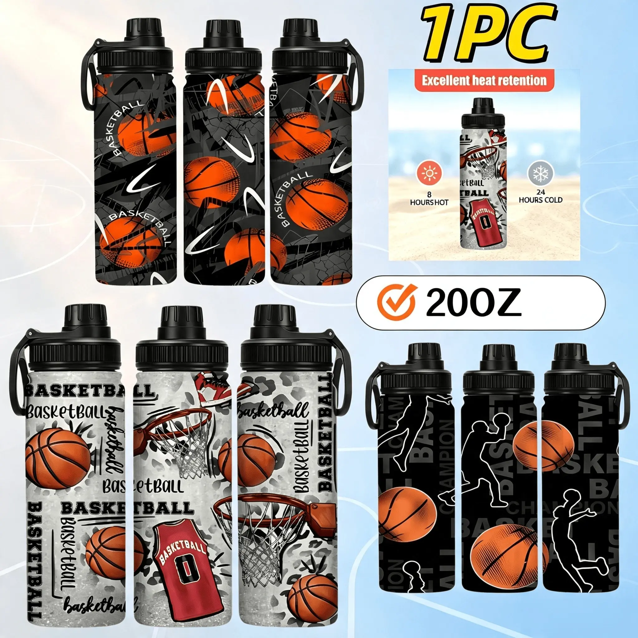 1PC 20oz Basketball Pattern Insulated Water Bottle, 304 Stainless Steel Sports Cup, Leak-Proof Vacuum Flask, Ideal for Gym, Camping, Gifts