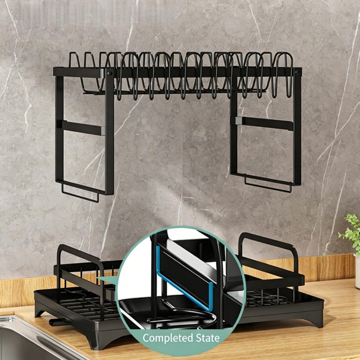 CookSide Dish Drying Rack, 1 Count 2-Tier Dish Rack With Drainboard, Dish Drainer Rack, 2-layer Foldable Tableware Drain Storage Rack, Kitchen Accessories, Home Decor Cutlery Metal Aesthetic Reusable Plastic