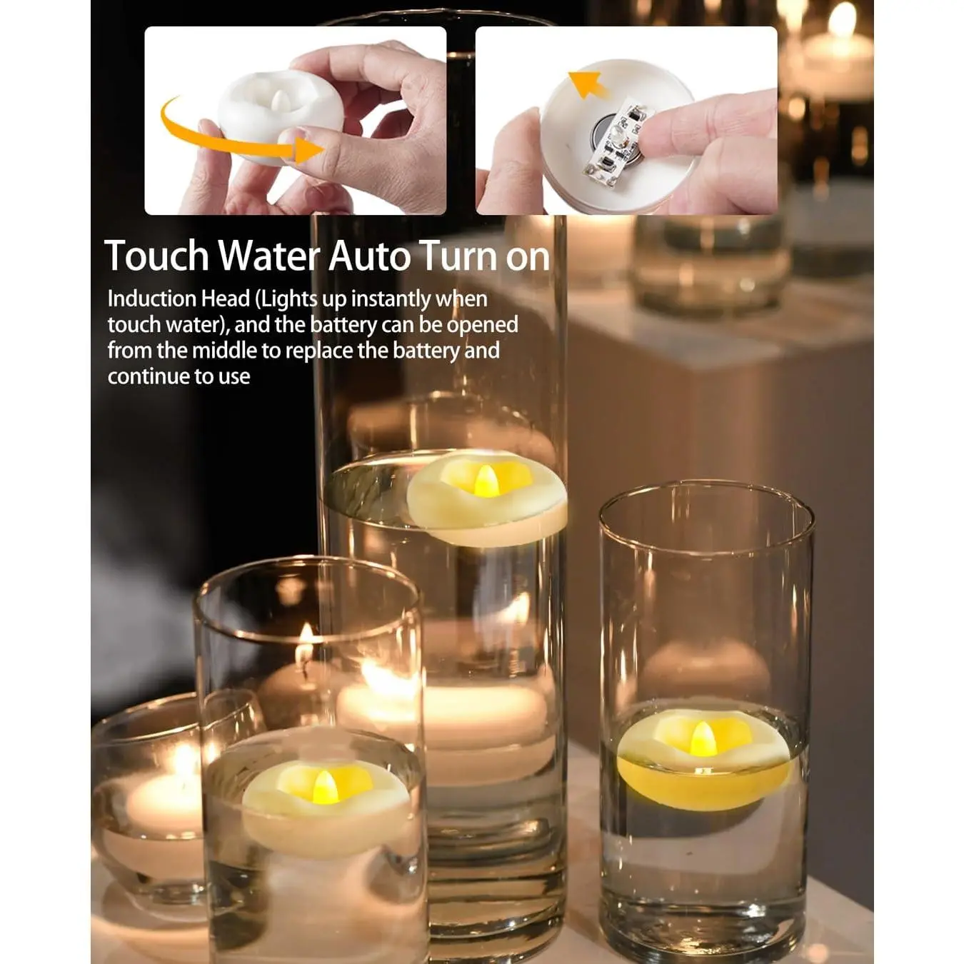 24 x 2" Floating Candle, 200 Hour Water Activated Warm White Battery Powered Flameless LED Floating Candle for Centerpieces/Bathtub/Pool/Fountain