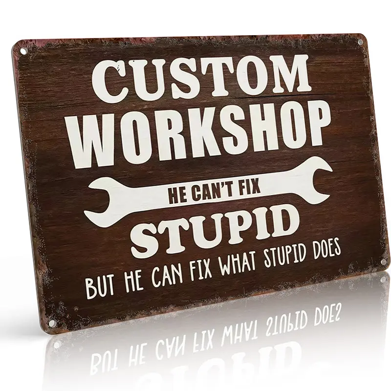 Custom Name Industrial Workshop Metal Sign - 8×12 in Lightweight Aluminum Dark Wood Retro Decorative Vintage Rustic Style, Waterproof Rust-Proof Garage Mechanic Wall Art Gift