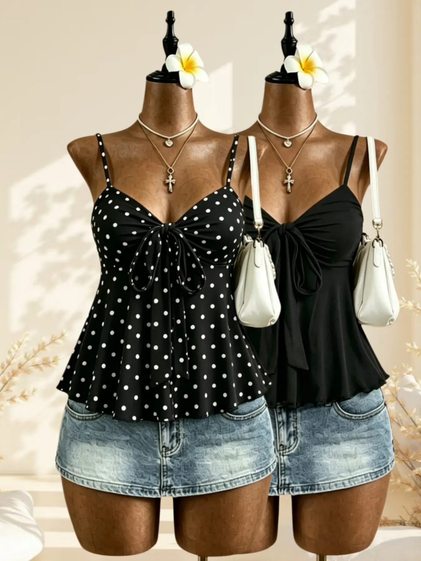 Vintage Sweet Summer Chic Polka Dot Strappy Spaghetti Strap V-Neck Top, Casual Sleeveless Tops, Slim-Fitting Halter Neck Backless Crop Tank, Two-Piece Set for Women