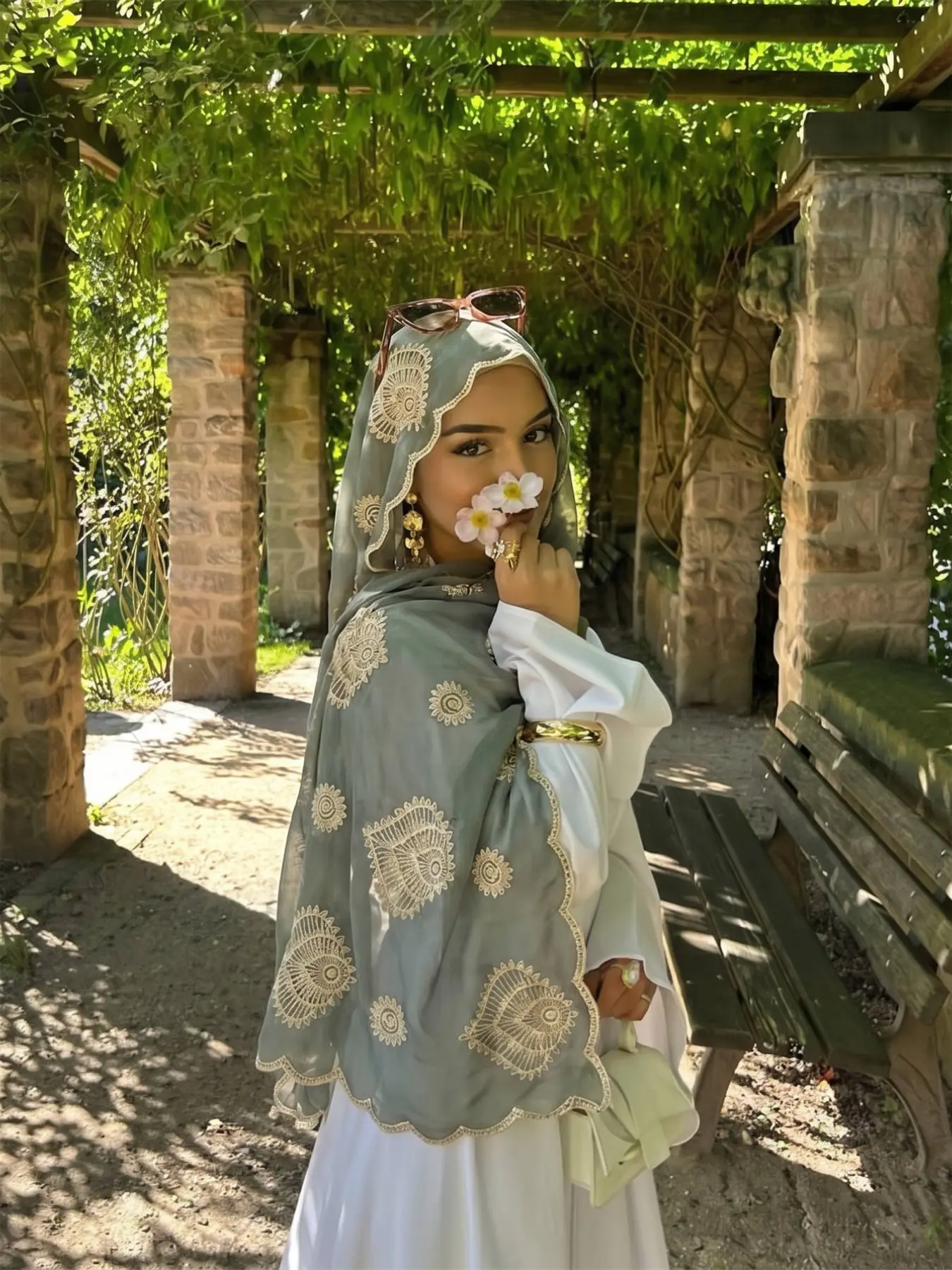 Elegant Plain Polyester Embroidered Shawl Scarf, Lightweight Breathable Modesty Hijab Wrap for Women, Versatile Fashion Accessory for All Seasons