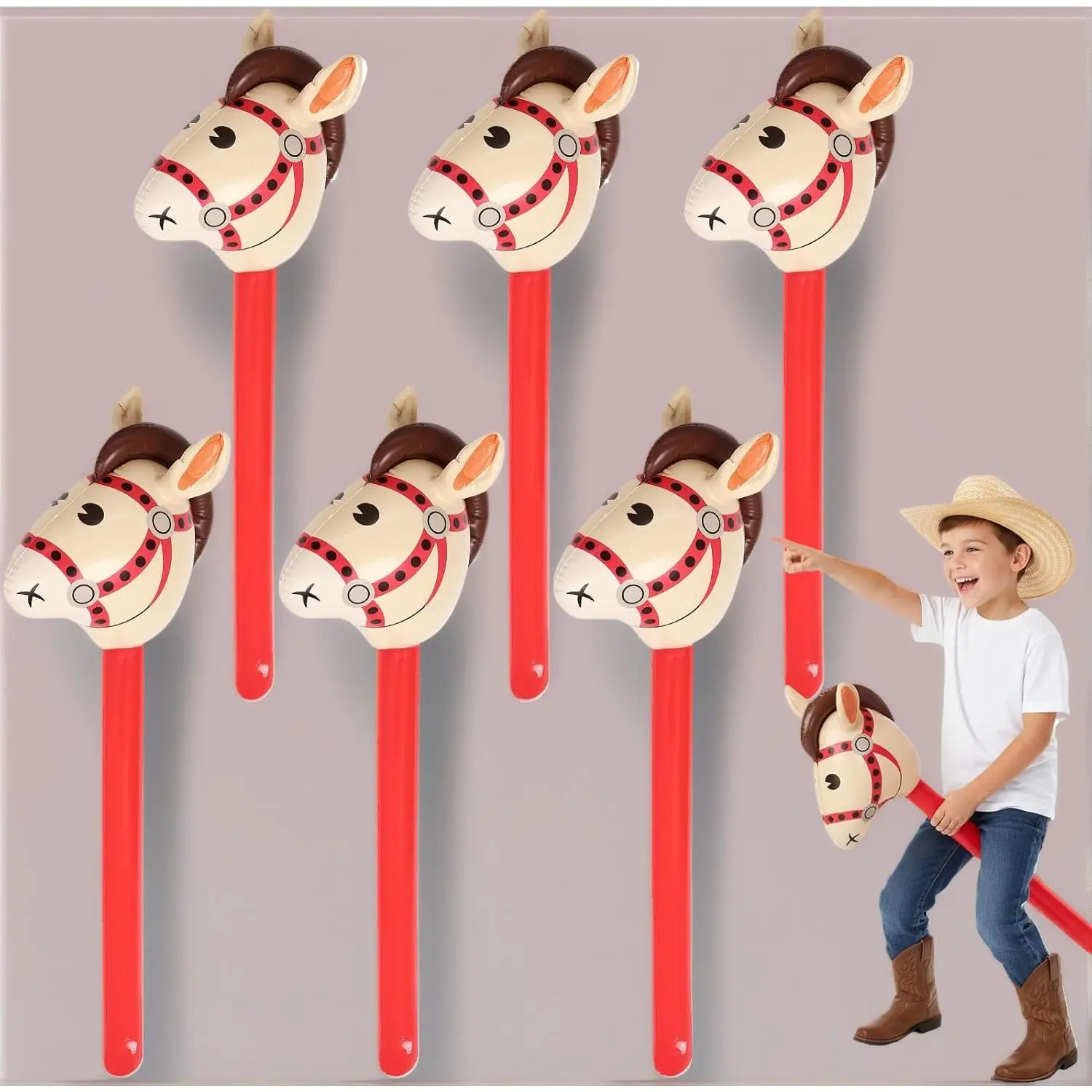 6 Pcs Inflatable Horse Head Balloons, 37 Inch Beige Inflatable Horse Stick Balloons, Pony Stick Blow up Balloon for Western Cowboy, Baby Shower, Birthday Party Decorations (Beige-6 Pcs)