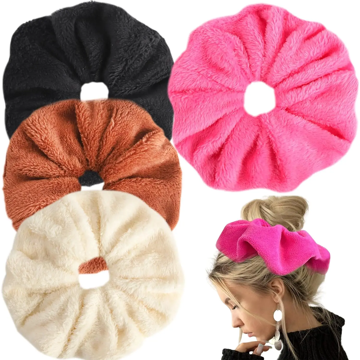Female 4PCS Solid Oversized Velvet Scrunchies - X-Large Fabric Ponytail Holders, Sleep & Everyday Hair Accessories, Black, Beige, Blue, Pink Solid Colors