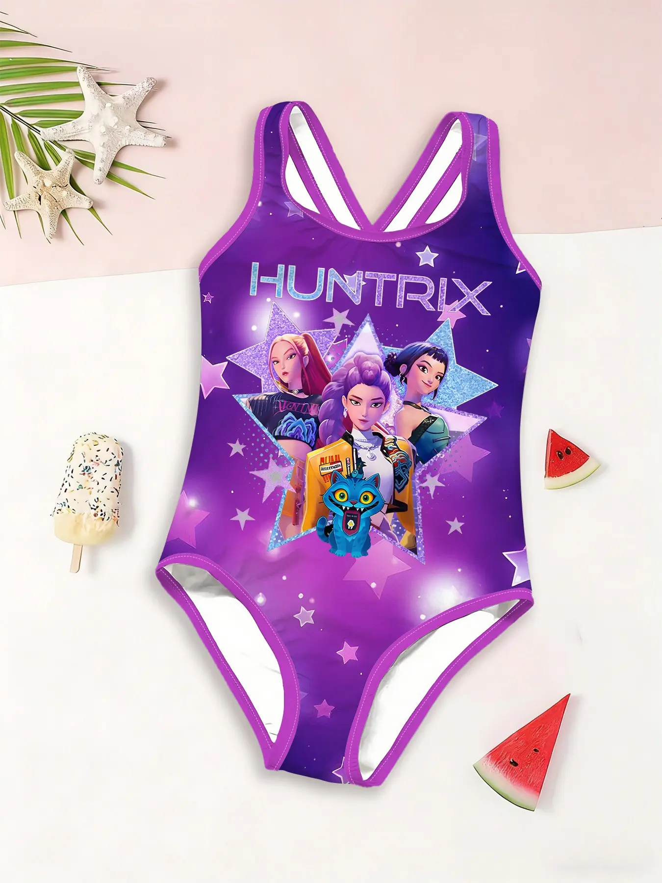 Girls' One-Piece Swimsuit, Starry Cute Cartoon Print, Cross Back Straps, Fashion Beachwear, New Summer Swimwear for Kids