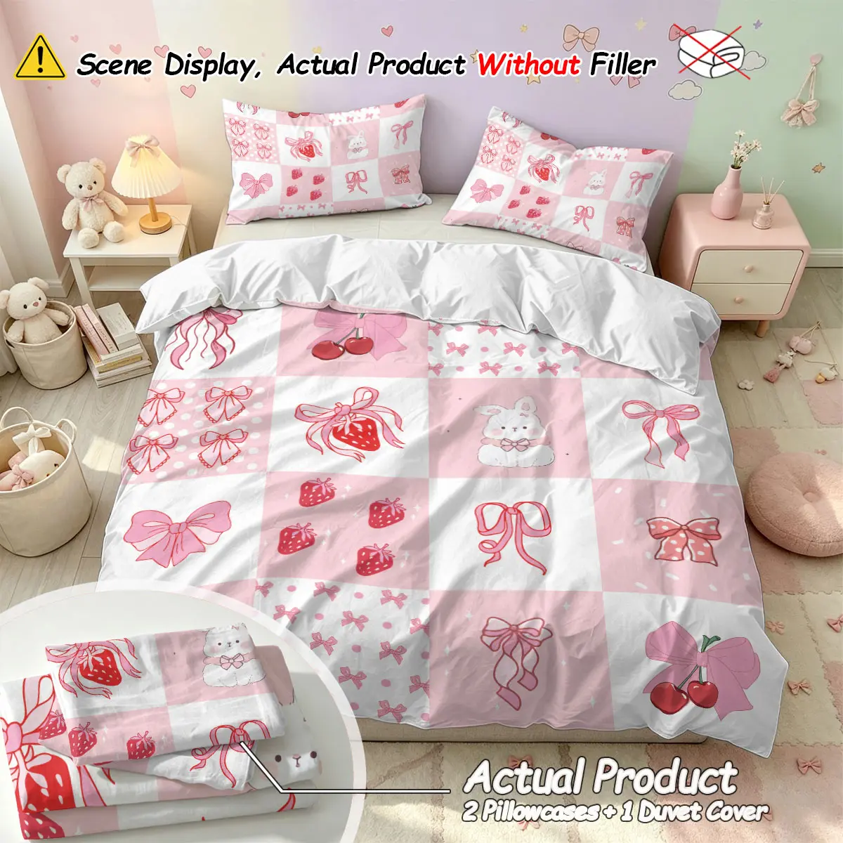 (1 Duvet Cover + 2 pillowcases, no filler),Sweet Strawberry Bow,Duvet Cover Set 3-piece bedding set made of soft comfy polyester, machine washable no deformation,bedding supplies for bedroom and dormitory use, Comfy Bedding Sets