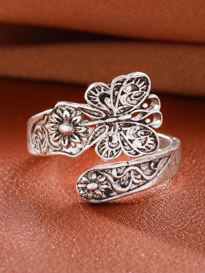 Vintage Butterfly & Sunflower Design Cuff Ring, 2024 New Dainty Jewelry for Daily Clothing Decor, Party, Minimalist Aesthetic Jewelry Gift for New Year, Surprise Ring